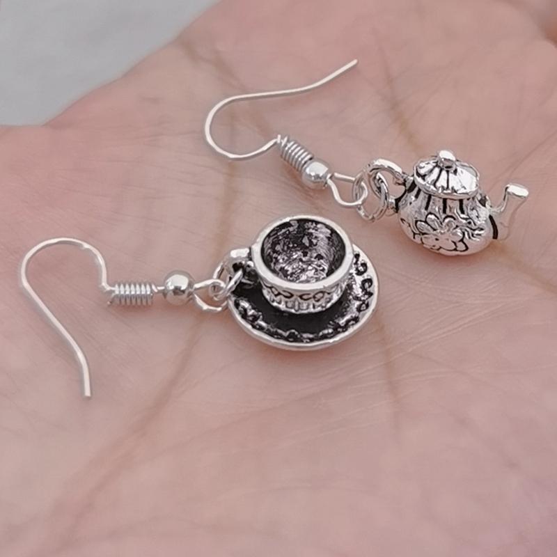 Vintage Silber Farbe Tee Tasse Ohrringe Tee Topf Anhänger Baumeln Ohrringe Teekanne Schmuck Party Geschenke