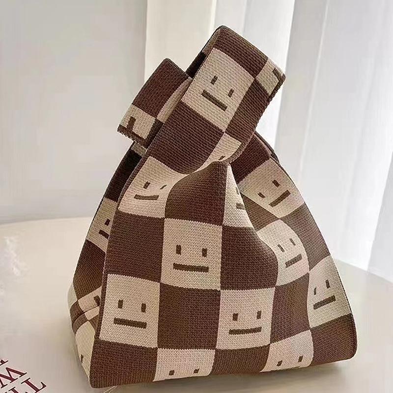 Przenośna Mini Pasiasta Torba Tote Ręcznie Robiona Dzianinowa Torba Damska Węzeł na Nadgarstek Torba Wiaderko na Telefon Duża Pojemność Jesień Zima Torebki