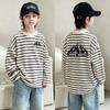 Boys' Striped Cotton Long-Sleeve T-shirt - New 2026 Style, Spring/Autumn Patchwork Base Layer for Medium/Large Children