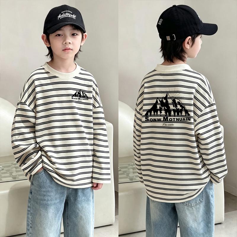 Boys' Striped Cotton Long-Sleeve T-shirt - New 2026 Style, Spring/Autumn Patchwork Base Layer for Medium/Large Children