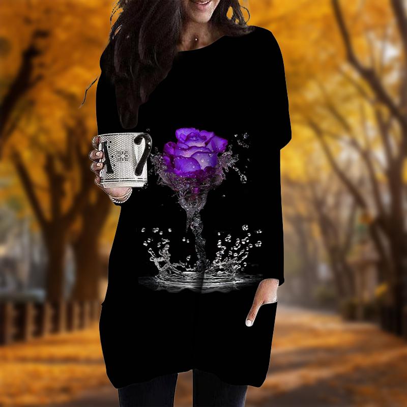 New In Autumn Water Rose Print Plus Size Dress Women O'neck Long Sleeves Casual Pocket Dresses