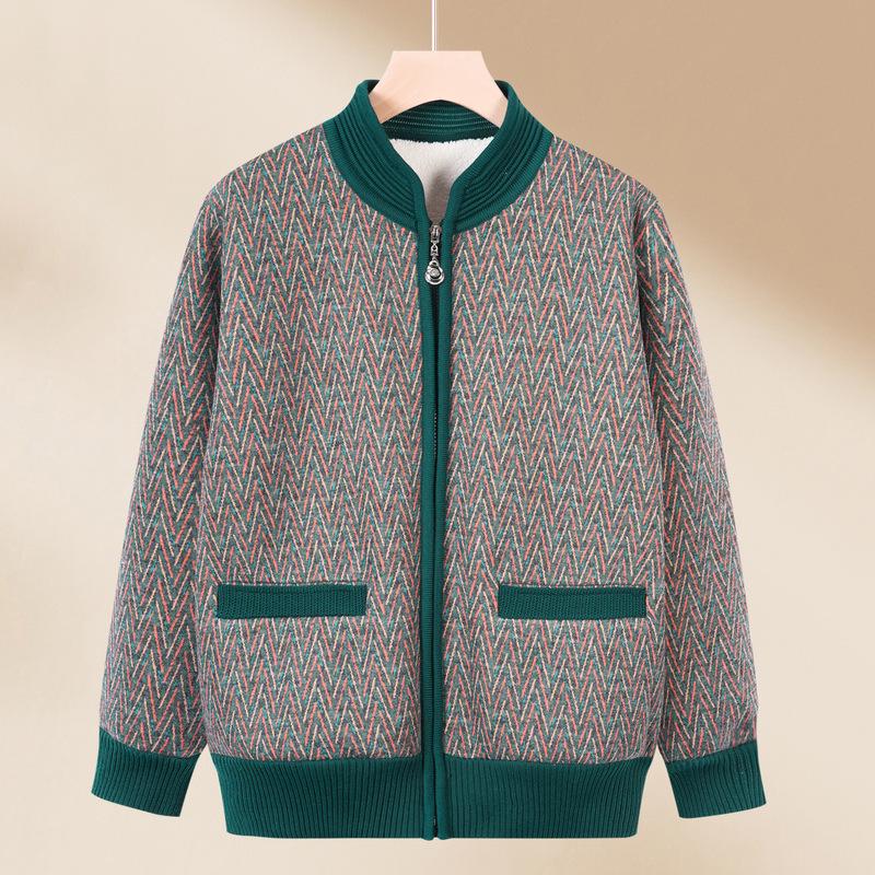 Women's Plus Velvet Thick Knit Sweater - Warm Autumn/Winter Lamb’s Wool Coat for Middle-Aged and Elderly Moms