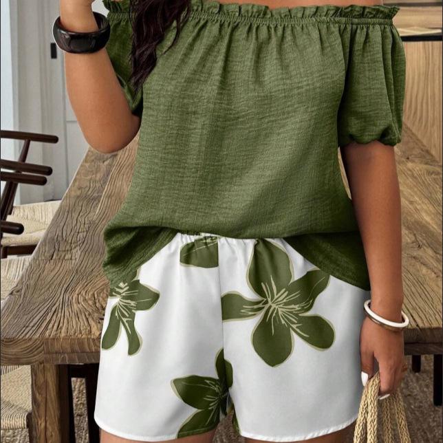 2026 European & American Cross-Border Summer Women s One-Shoulder Short Sleeve Shorts Set XXXL оливковое зеленый