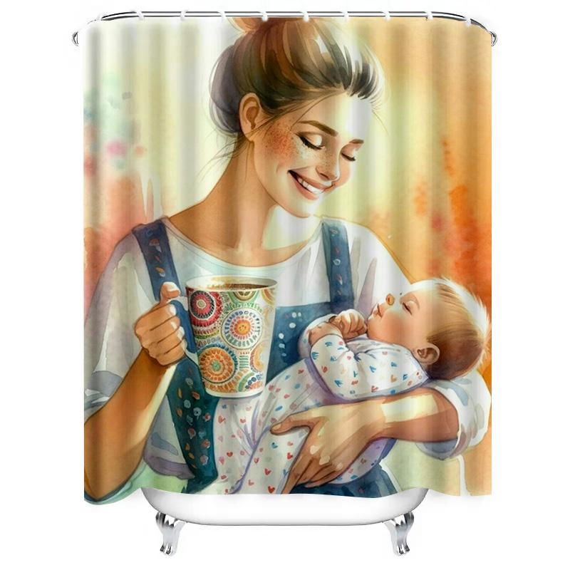Watercolor Mother with Sleeping Baby and Coffee Design Waterproof Shower Curtain for Modern Bathroom Decor