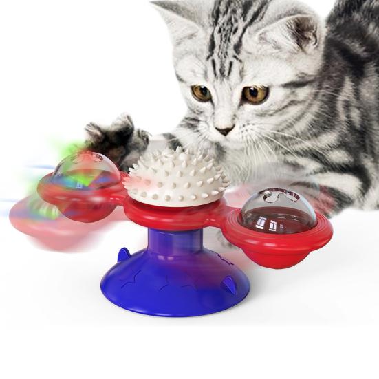Windmill Cat Toy Interactive Spinner Pet Toys with Catnip And LED Light Cat Face Massage Brush with Suction Cup for Indoor Cats