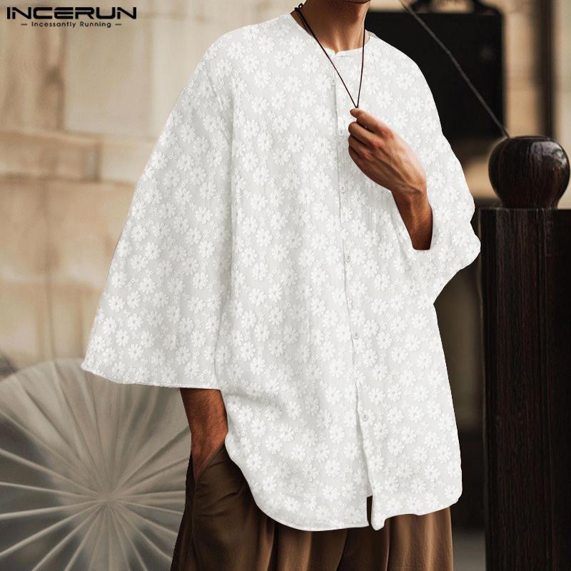 INCERUN Oversized Men Collarless 3/4 Sleeve Flowers Texture Casual Tunic Tops Shirts