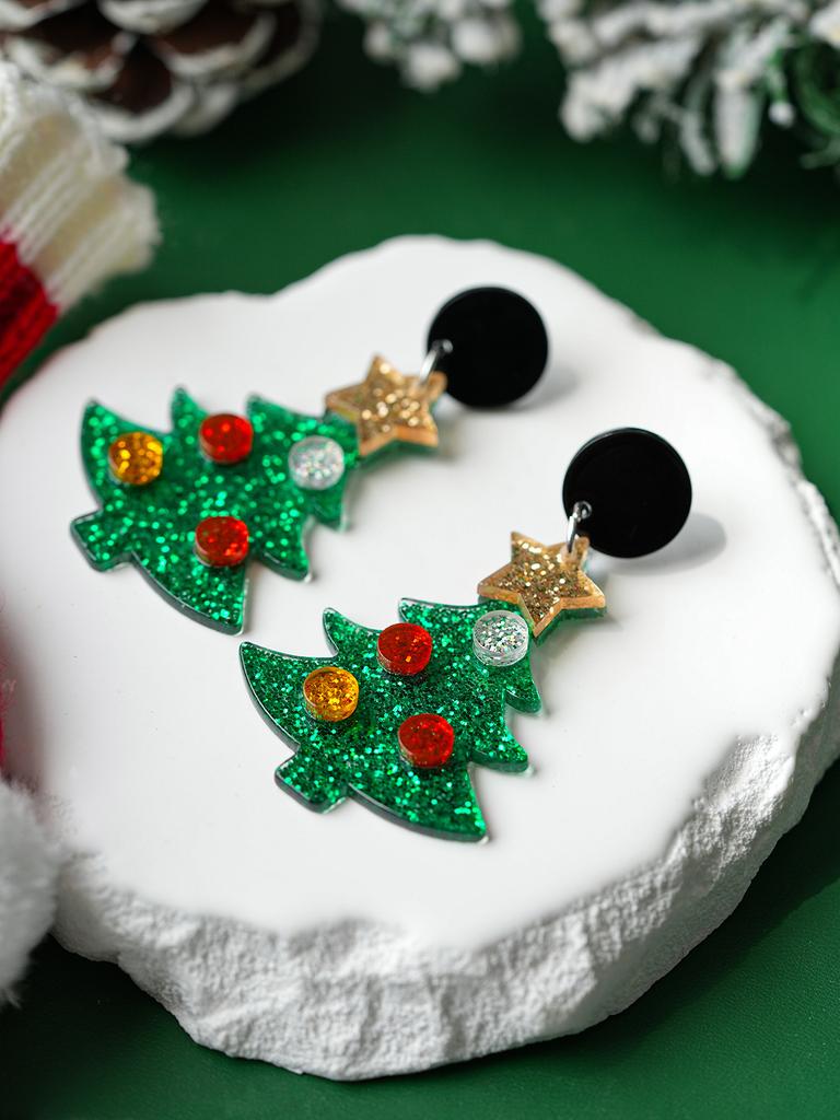 Silver needle red bow snowflake Christmas tree earrings European and American temperament earrings New Year's Christmas earrings women