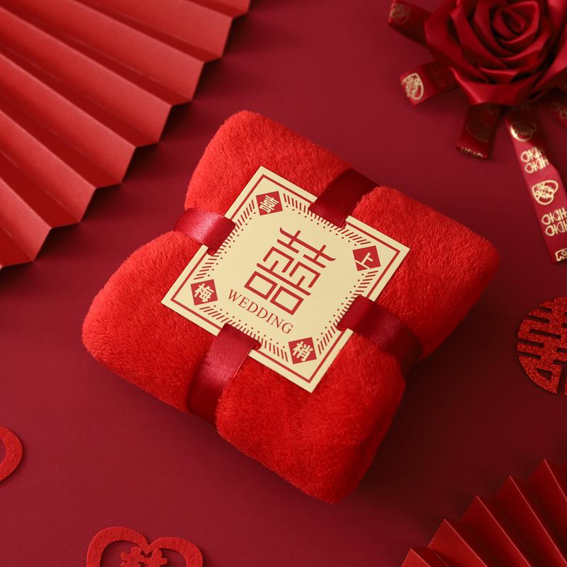 Coral Fleece Wedding Big Red Towel Wedding Happy Event Hand Towel Happy Character Pearl Bear Couple Red Towel
