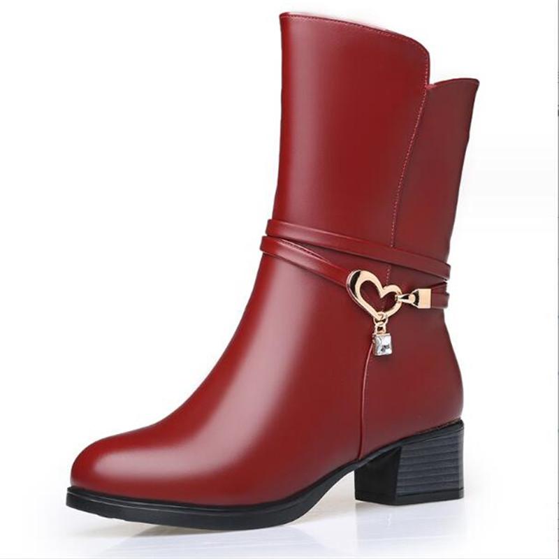 Women Leather Boots Genuine Leather Plush Boots Winter Warm Thick Heel Brand High-heeled Fashion Mid-Calf Snow Boots Women Shoe