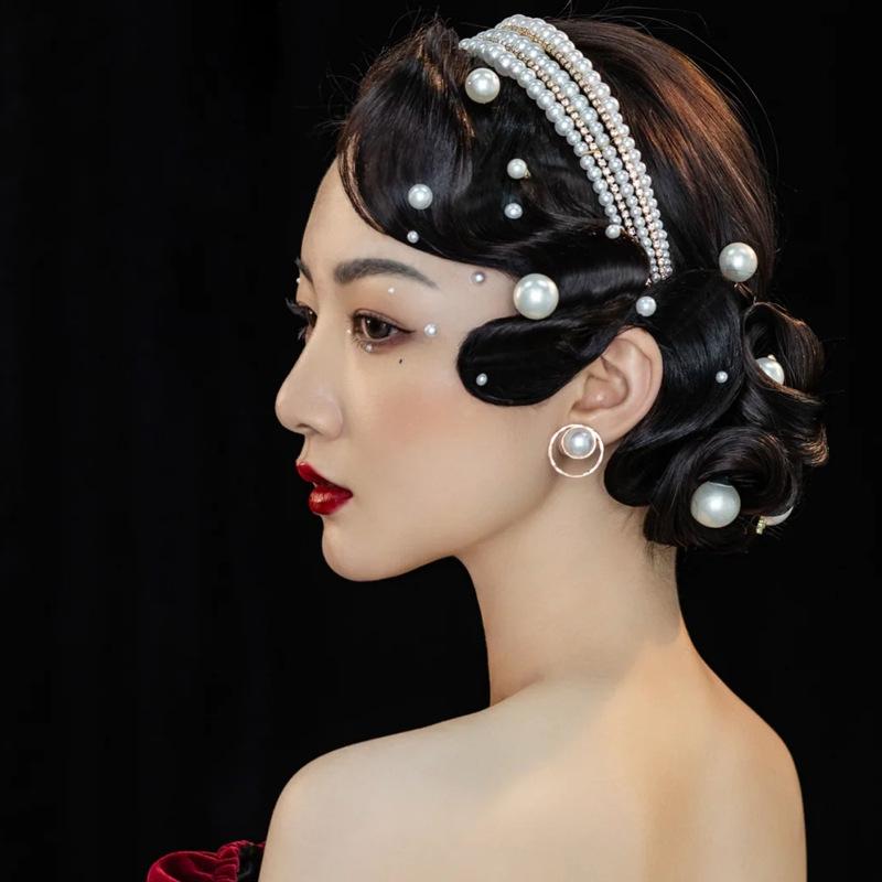 Koreanisches Retro Feen Braut Perlen Stirnband Haar Accessoire Schleier Clip