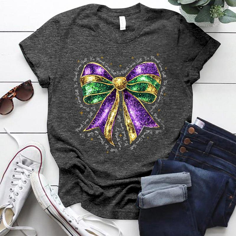 Coquette Bow Mardi Gras Shirt for Women Carnival Glitter Bow Graphic Tee Fat Tuesday Shirt Mardi Gras Party Crew Neck Clothing