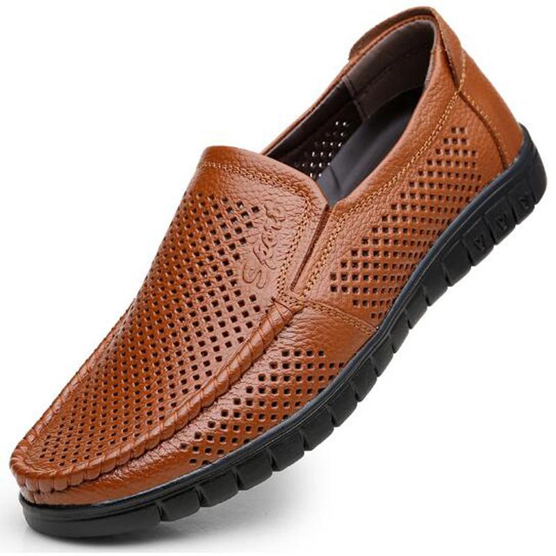 New Summer Men's Sandals Leather Soft Bottom Hollow Casual Leather Men's Top Layer Cowhide Hole Loafers Luxury Leather H893