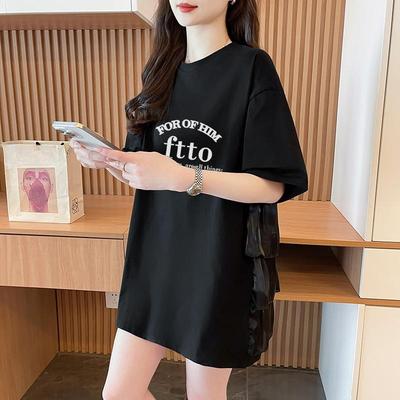 Patchwork Short-sleeved T-shirt for Women's Fashion, Mid-length Loose Top for Summer