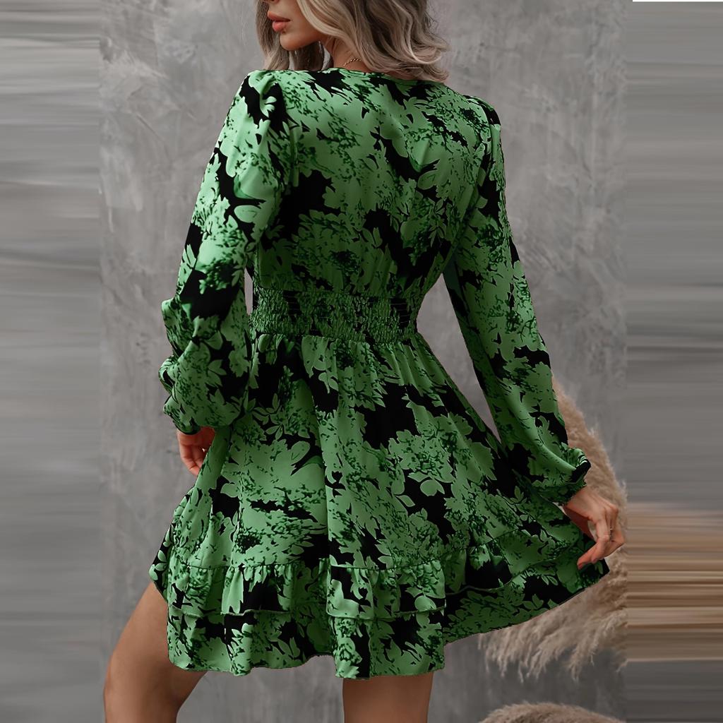 Women's Summer Casual Fashion V Neck Ruffle Waist Floral Print Midi Dress