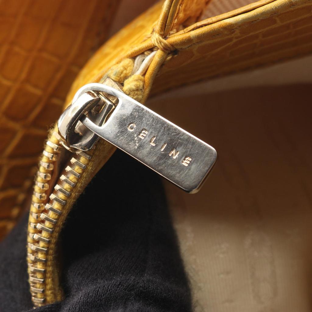 Used CELINE Embossing Shoulder Bag canvas leather Beige Yellow Used Women