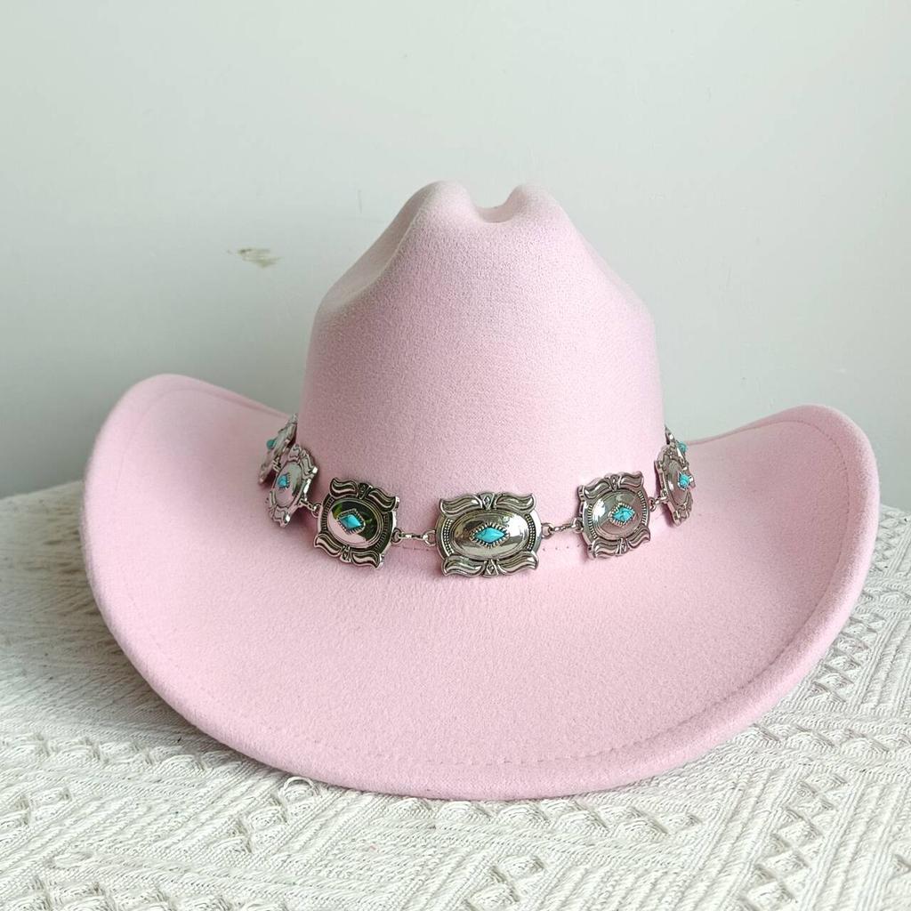 Double concave cowboy fedora western cowboy silver Ivory Silver Concho Chain Cowboy Hat wide brim riding hat cowboy hat