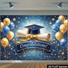 2D plane graduation party backdrop fabric - blue and gold star scroll theme, decorated with bachelor caps and horizontal scrolls