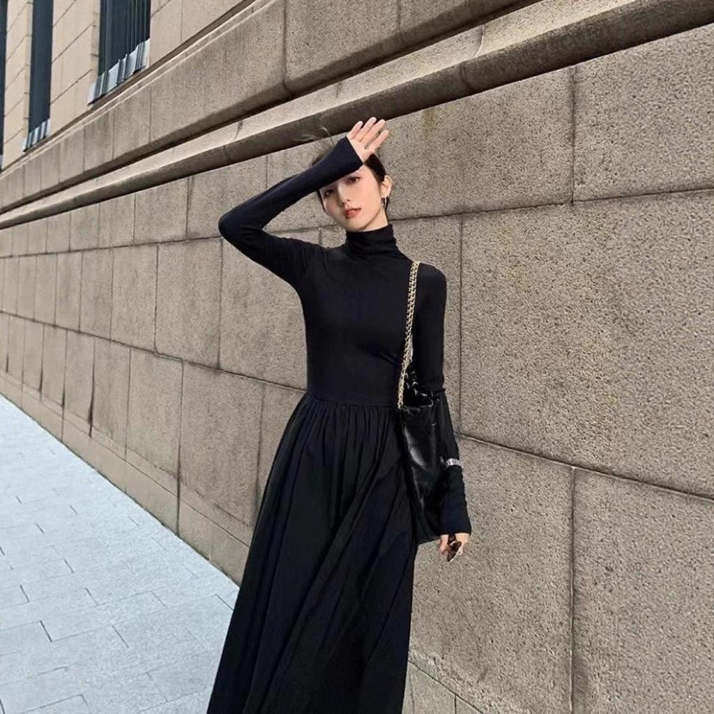 New French Style Temperament Women's High-Grade Black Dress Hepburn Style Gray Turtleneck Dress for Women