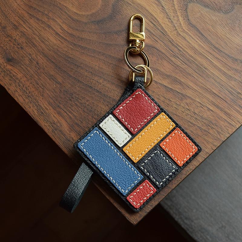 Mondrian Style Leather Handmade Bag Pendant Simple Personality Niche Art Women's Keychain
