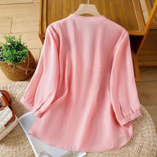 Women Shirt Round Neck 46085 Sleeve Buttons Placket Shirt Tops Pure Color Floral Embroidery