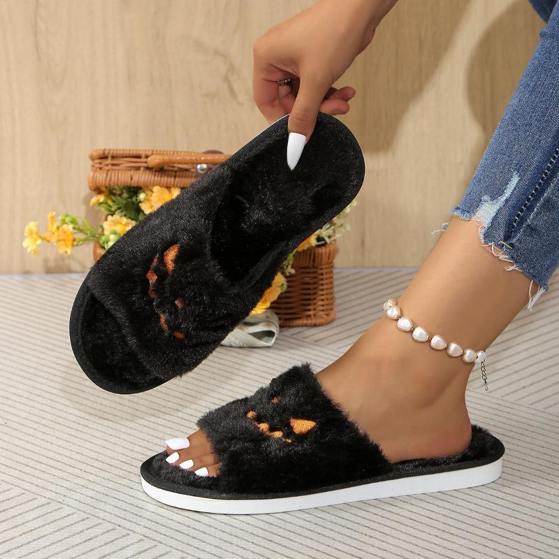 Fashion European and American Halloween Slippers 2024 Autumn and Winter Women's Flat Bottom Fluffy Slippers with A One Line Design Sense