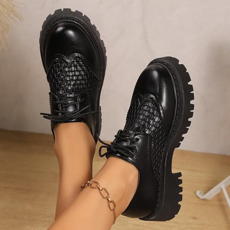 Women's Large Toe Hollow-Out Leather Dress Shoes, Thick Sole British Style Summer Flats, Breathable Plus Size Footwear