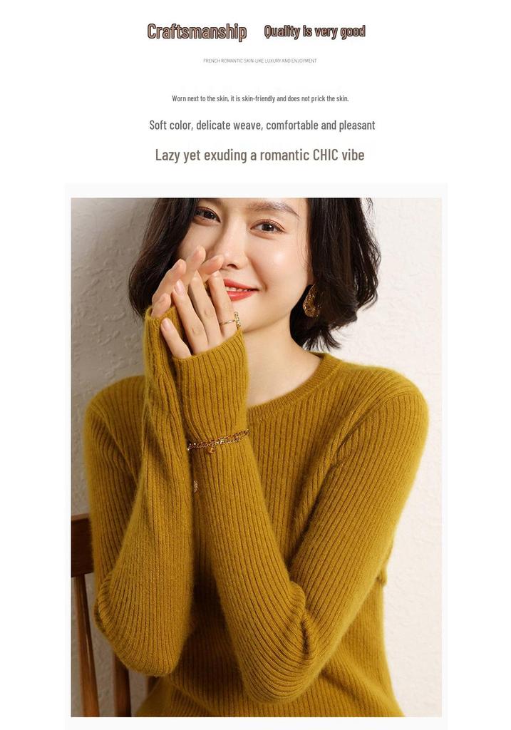 Women's Slim Fit Cashmere Sweater - Round Neck Ribbed with Diagonal Buttons, Elegant Knitwear for Autumn and Winter