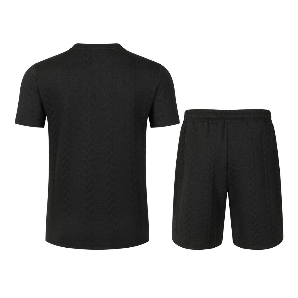Men's European Solid Color Jacquard Summer Casual Round Neck Short Sleeve T-shirt & Shorts Set