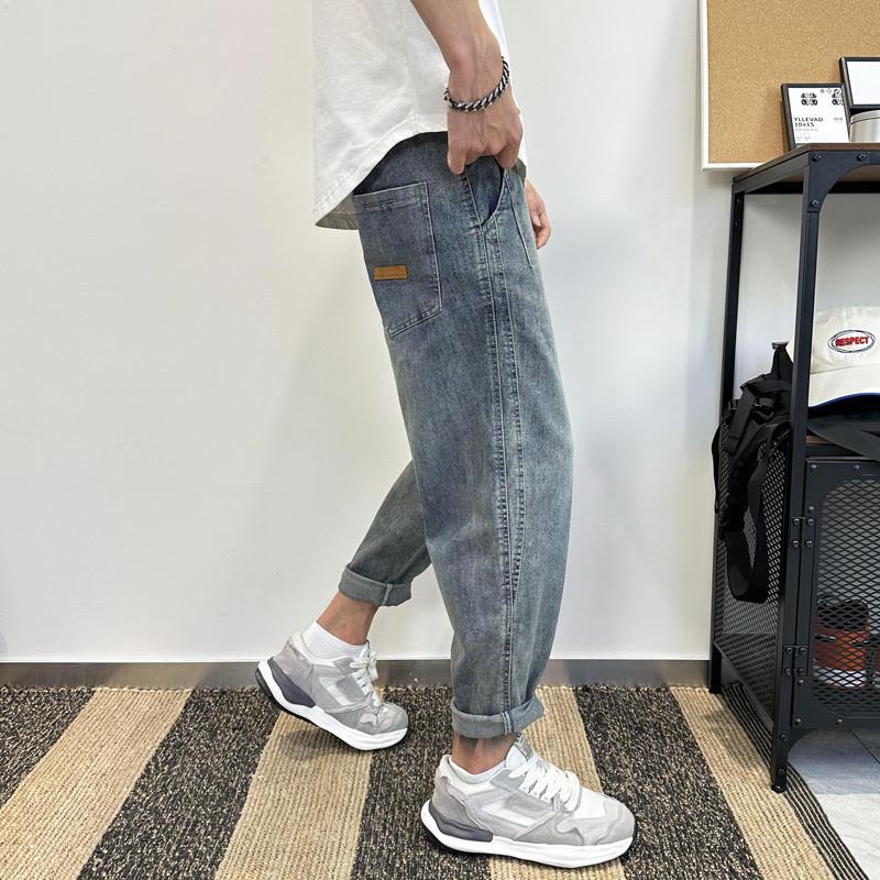 Men's 2024 Spring/Autumn Loose Straight Jeans, Trendy Casual Nine-Point Harem Pants