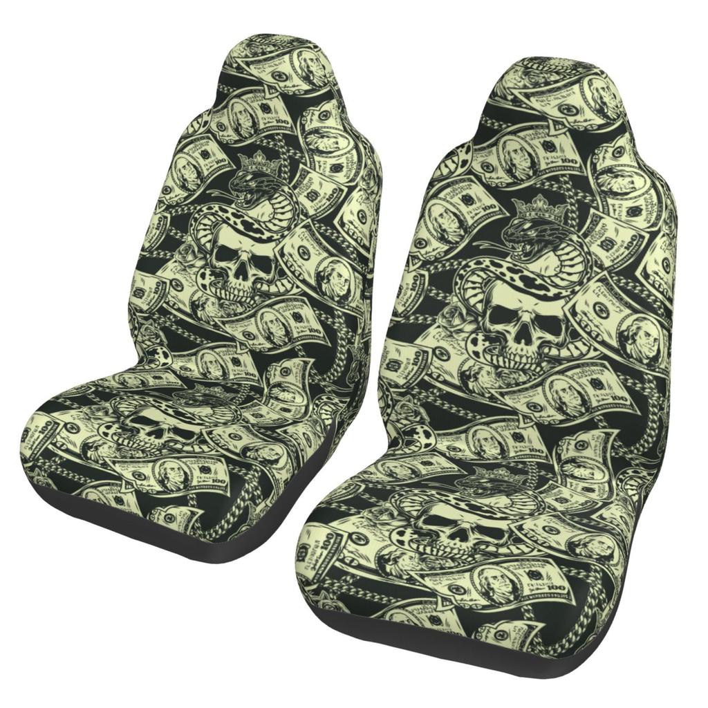 US Bill Dollars Skull Print 2 Pieces Covers Front Car Seat Universal Protector Cushion Cover Saddle Comfort Covers Fit Most Car