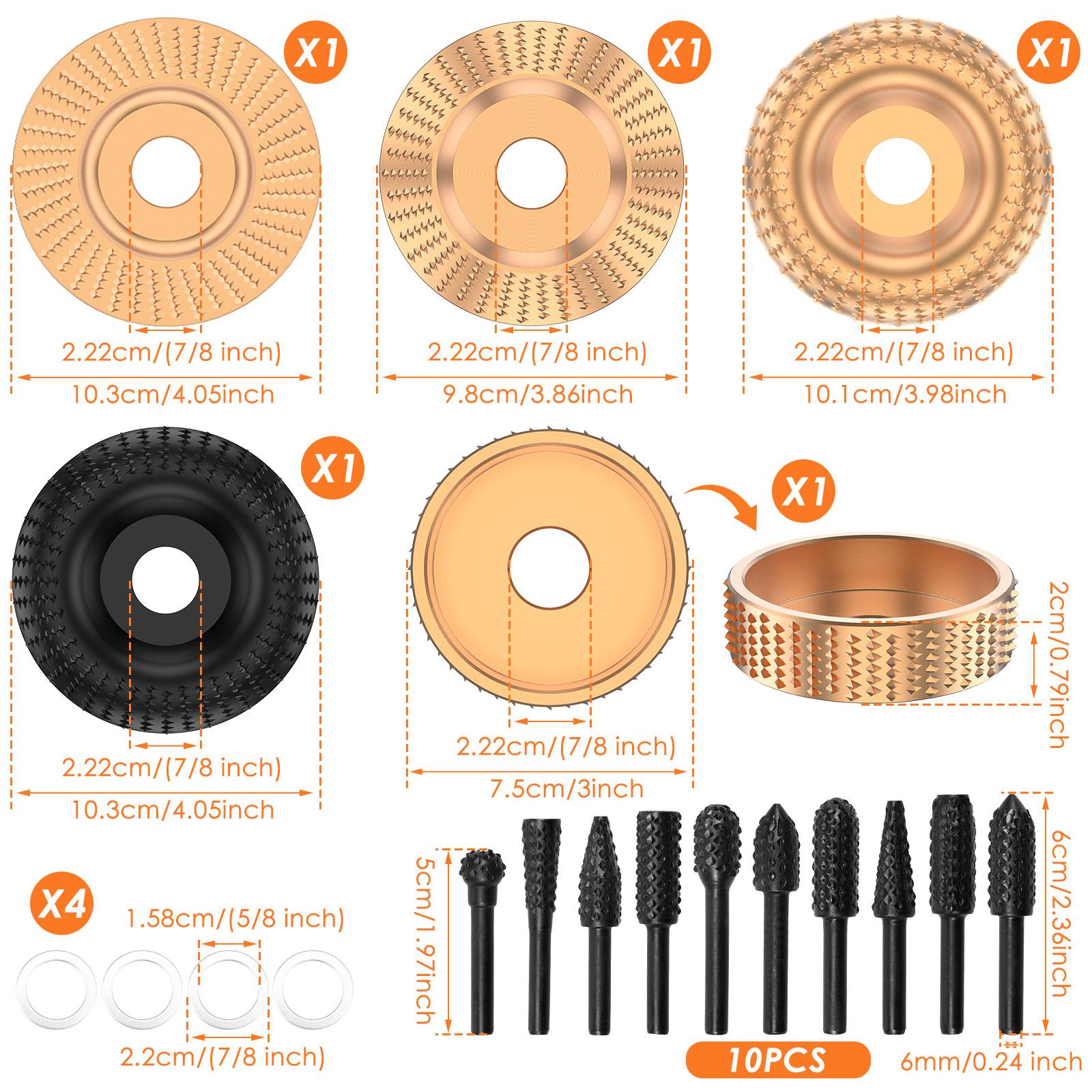 

19 шт. Диски для різьблення по дереву для кутової шліфувальної машинки, шліфувальний круг по дереву для кутових шліфувальних машинок 4 або 4,5 з 10 роторними борами та 4 адаптерними кільцями