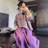 Johnature Women Vintage Spring Skirts Elastic Waist Solid Color Belt Pockets Female A-Line Skirts