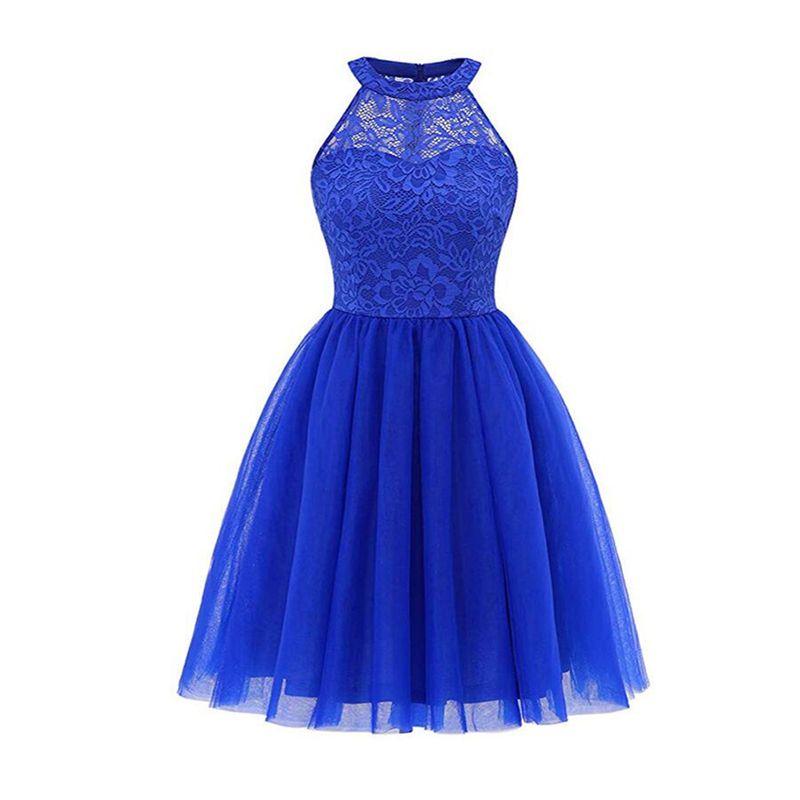 

Summer round Neck Halterneck Strapless Sexy See-through Lace Mesh Patchwork Sleeveless Evening Dress Dress Women Dress Blue S