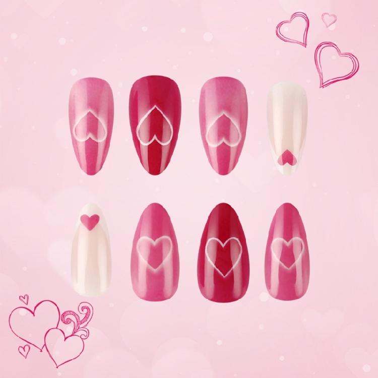 24 Pcs Pink Heart Artificial Nail Valentines Day False Nail Lovely Stick on Nail French Press On Nail for Holiday