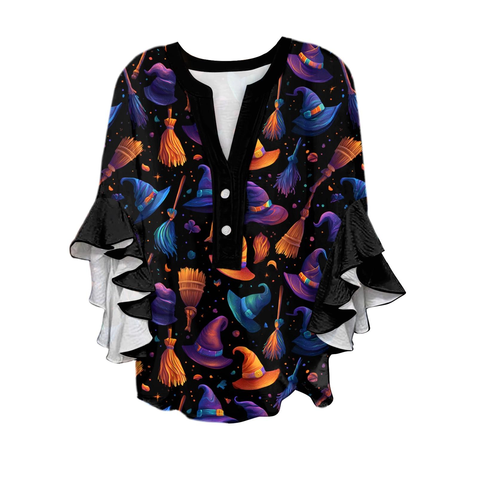 

Women s V-neck Seven Quarter Sleeved Shirt Halloween Printed Top Casual Shirt L