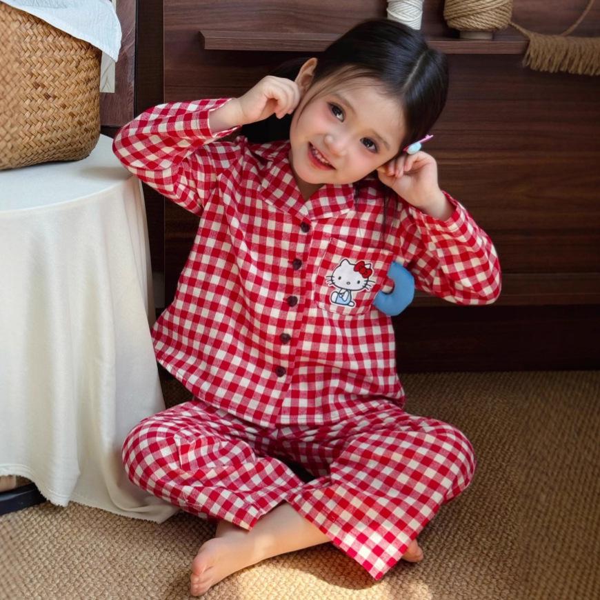 Korean Style Plaid Cat Kids Pajama Set for Girls - Spring/Autumn Wear