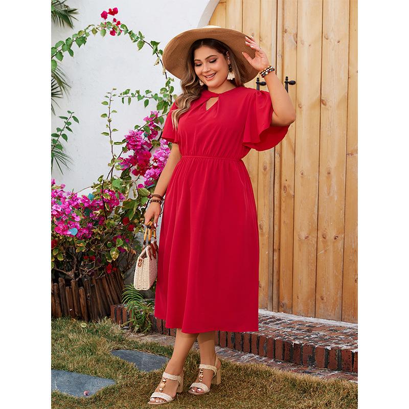 New solid color long dress New solid color large size waist chiffon dress women