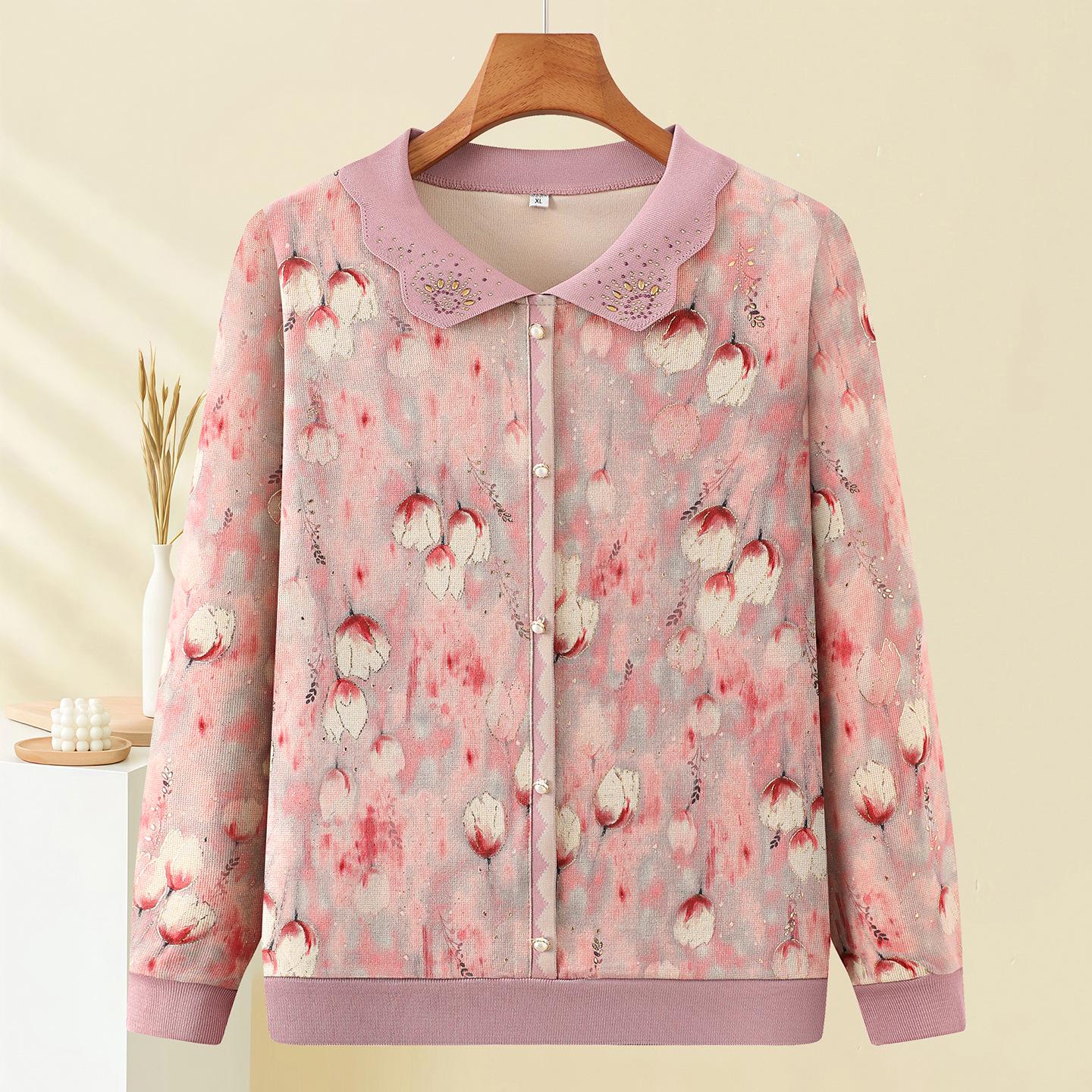 

Rhinestone Lapel Knitwear for Women Aged 40-60 - Fashionable Spring Attire for Middle-Aged and Elderly 2XL (suggested for 100-115 jin)