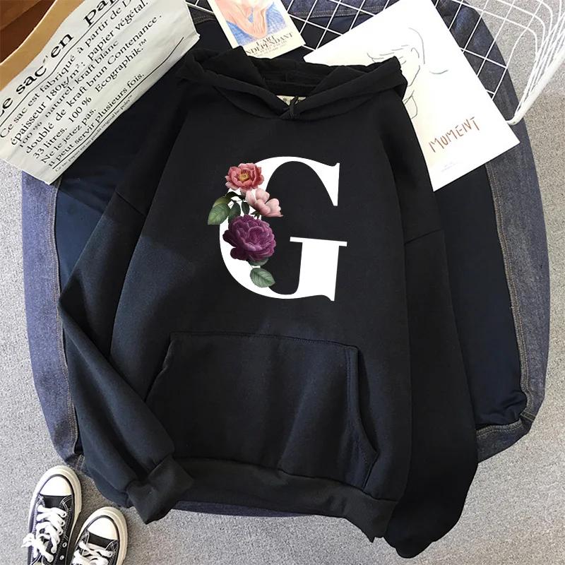 Hot Sales Womens Hoodies Casual Letters A-Z Printing Sweatshirts Sportswear Outdoors Sports Jogging Woman Clothing Black Tops