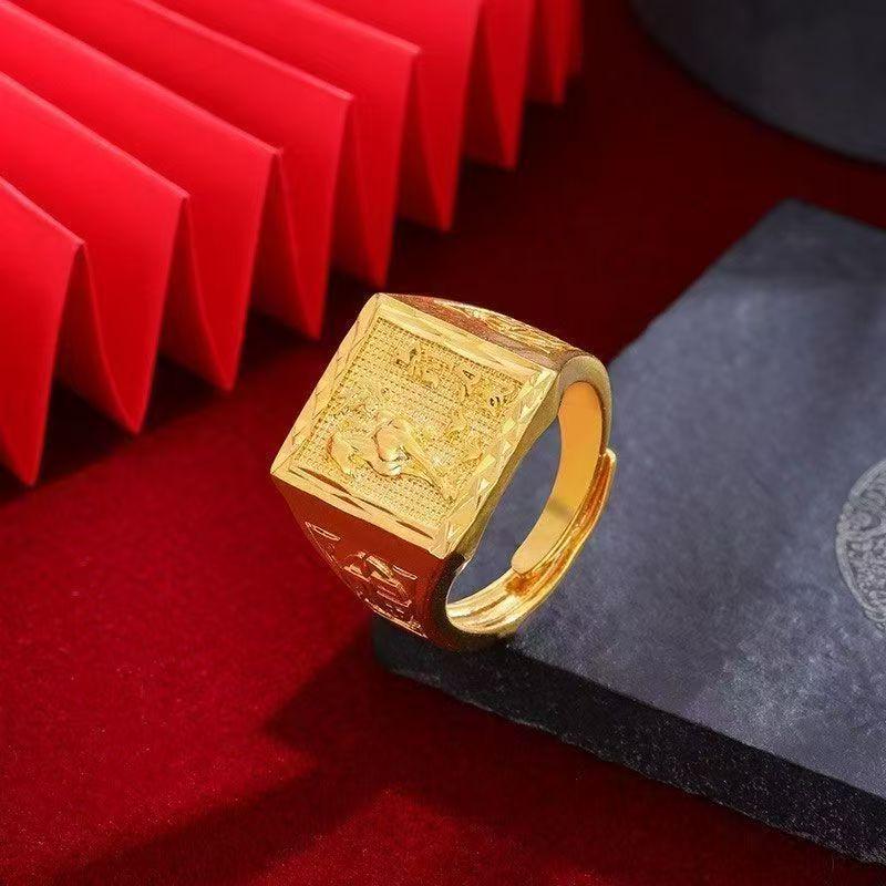 Men s Adjustable Zodiac Horse Embossed Ring, Retro Square Design in Sand Gold Finish