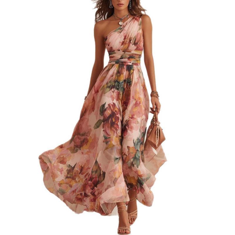 European and American Summer New Women's Clothing Digital Printing Temperament Elegant Slanted Shoulder Sleeveless Dress