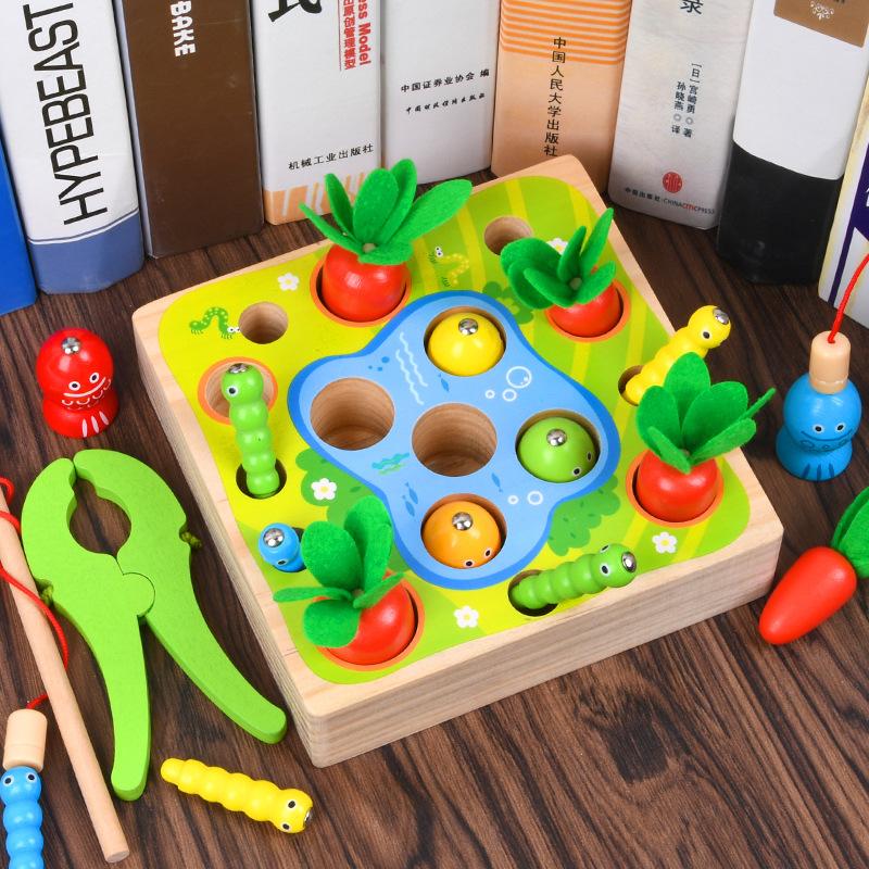 Toys Carrot Montessori Harvest Toddler Shaped Matching Game Fishing Wooden Skill