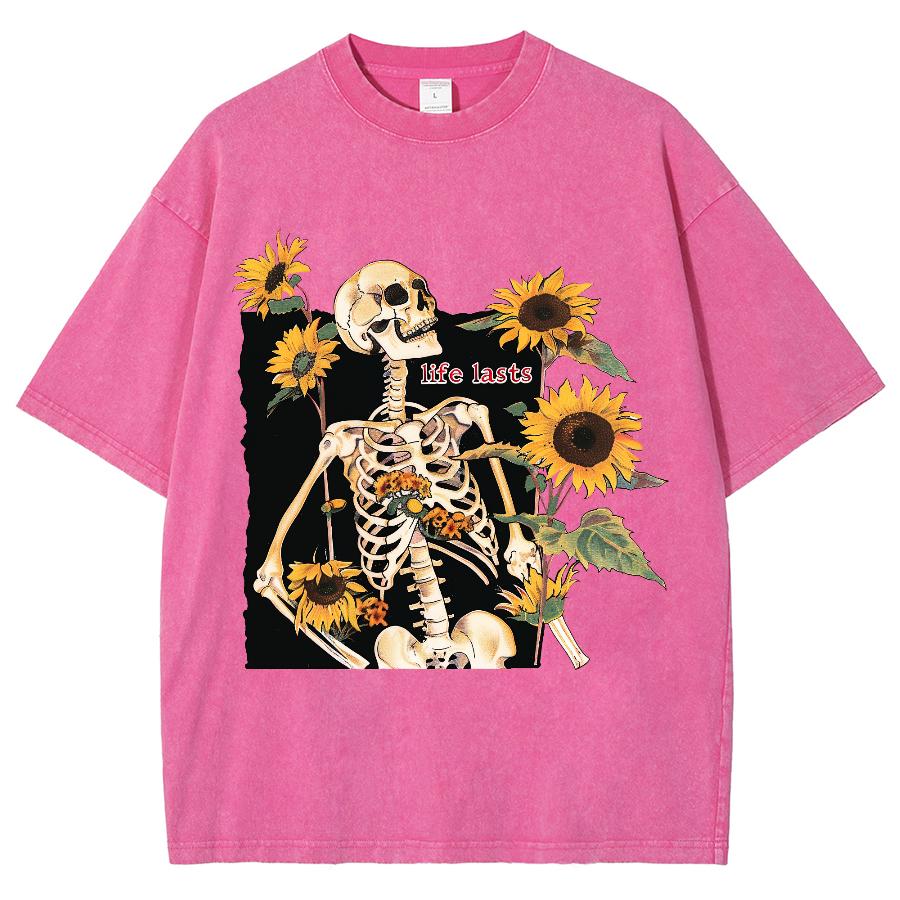 Camiseta de Verano para Mujer Y2K Ropa de Mujer Ventas Oversize Estampado Calavera Girasol Holgada Lavada Tendencia Manga Corta