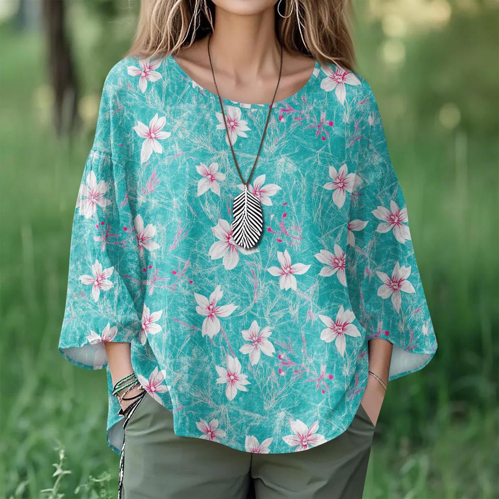 Summer Tops For Women Cute O Neck 3/4 Sleeve Blouses Floral Print Top Casual Shirts