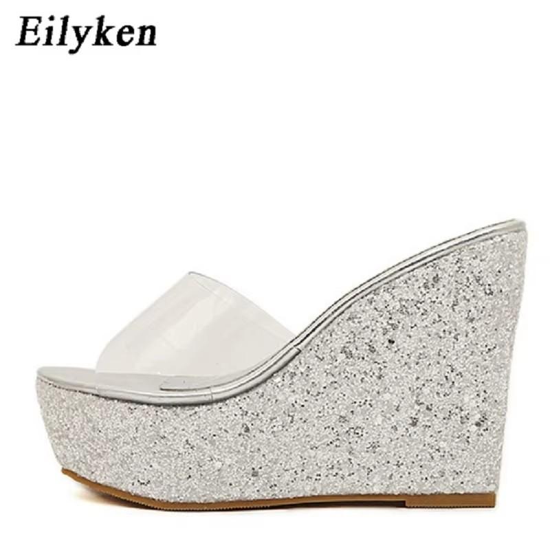 Fashion Eilyken PVC Transparent Lady's Slipper Platform Heel Slides Open-Toe Wedge Slipper Shoes Zapatillas De Mujer
