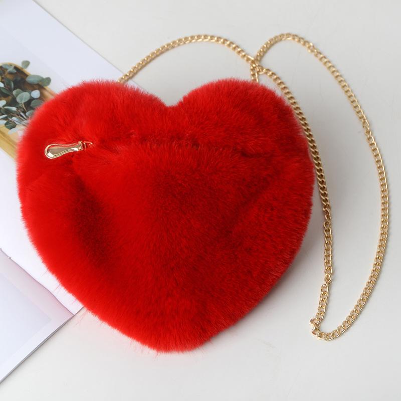 Cute Sweet Love Heart Shaped Women's Crossbody Bags Fashion Soft Plush Ladies One Shoulder Bag Comfortable Fluffy Solid Color Chain Female Handbags