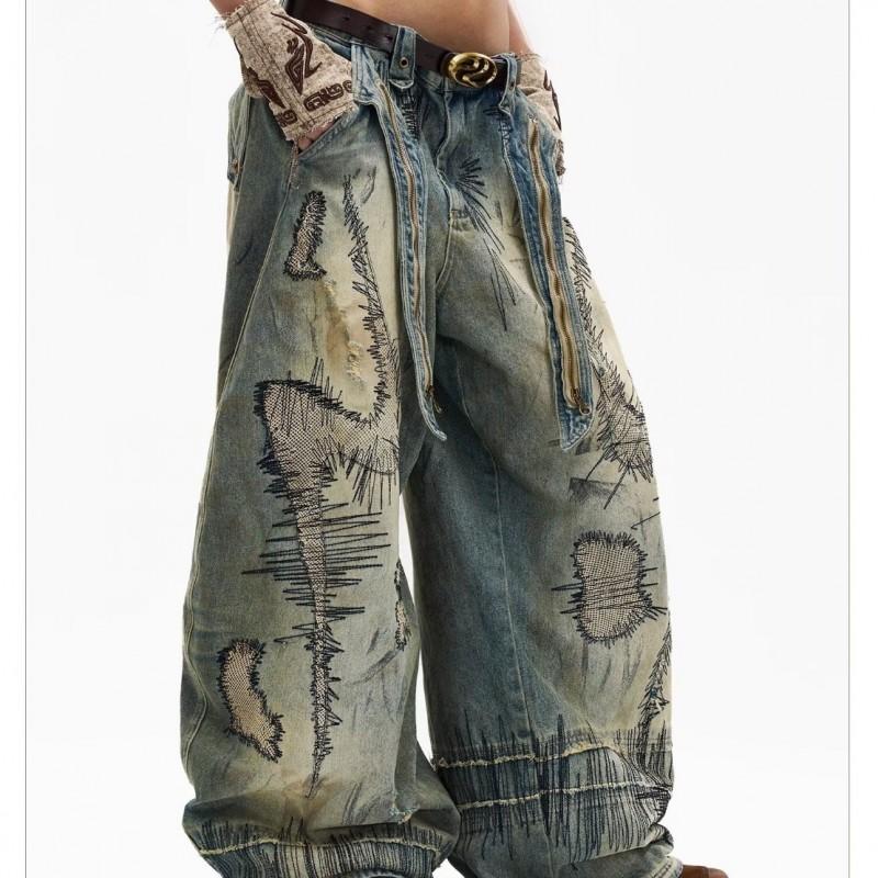 Pantalones de Mezclilla Anchos Desgastados Con Bordado Pesado Sueltos Pierna Ancha Estilo Cargo Unisex Streetwear
