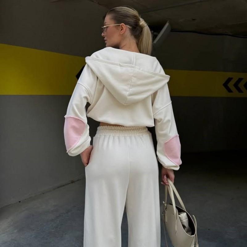 Womens Casual 2-Piece Set: Long Sleeve Zip-Up Hooded Cropped Cardigan Elastic Waist Wide Leg Pants