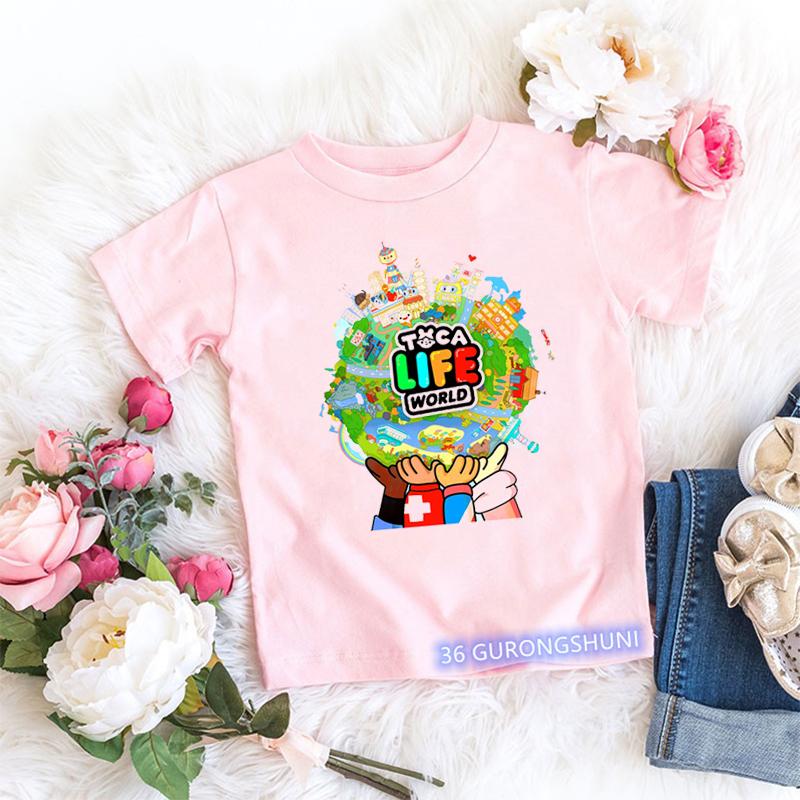 Magliette Kawaii per Bambini Divertenti Stampa Cartone Animato Mondo Toca Videogioco Maglietta per Bambini Piccoli Moda Estiva Magliette per Bambine Top Rosa