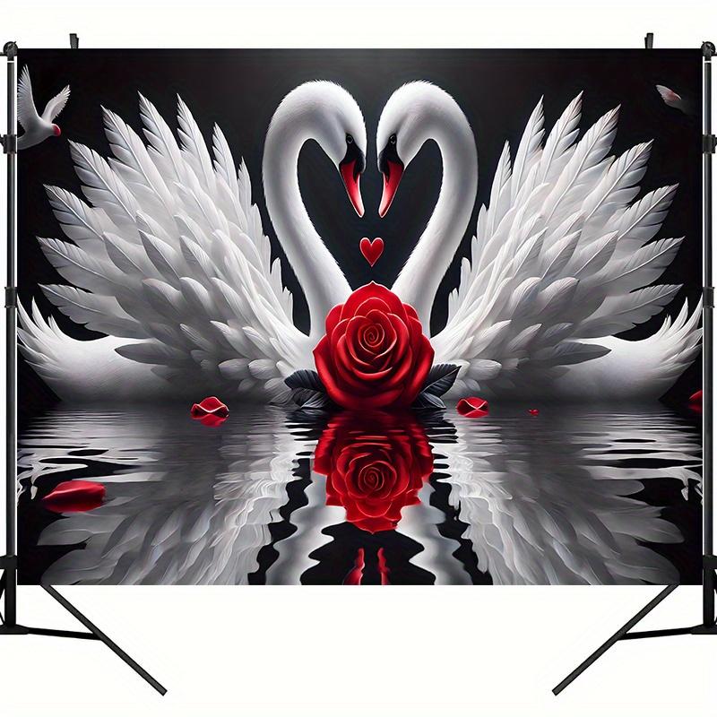White Swans Love Heart Red Rose Romantic Tapestry Couple Wedding Gift Wall Hanging Bedroom Decor Elegant Animal Art Fabricposter